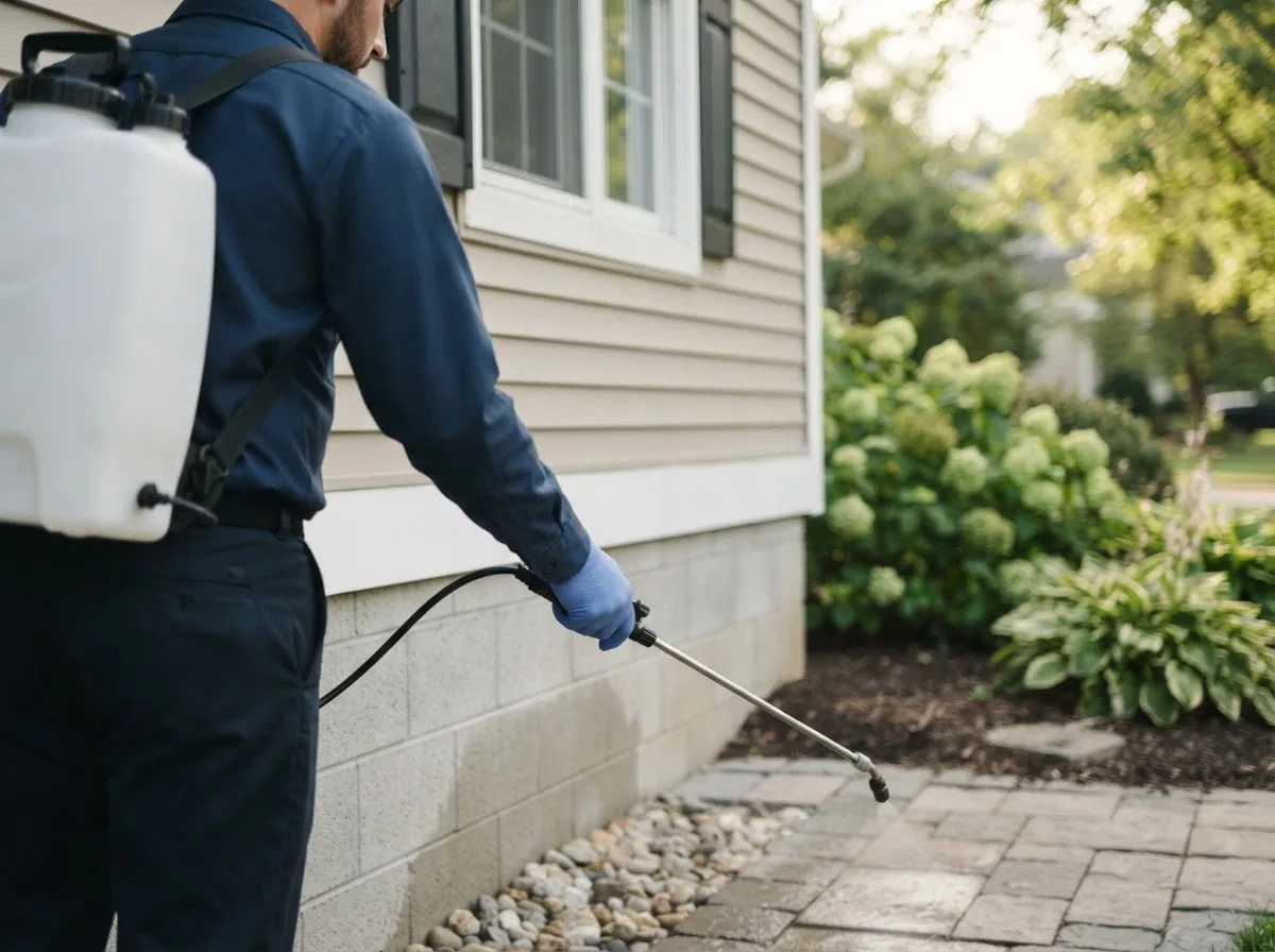 Pest control technician inspecting a home in Georgetown, NY